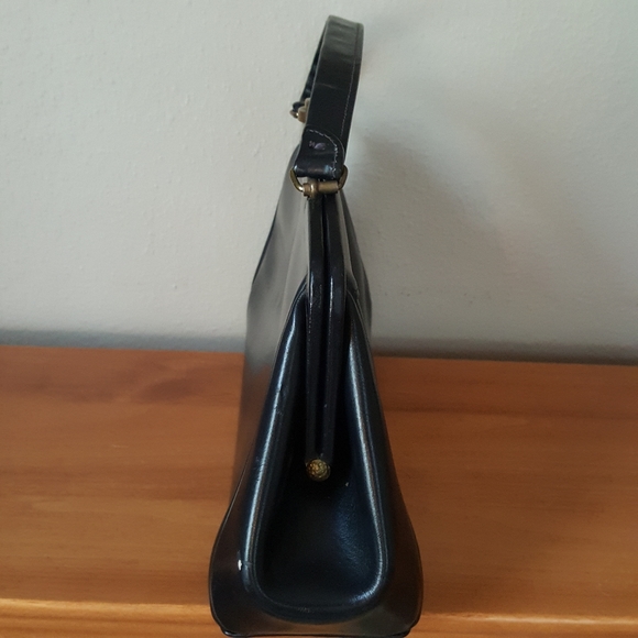 Vintage Mid Century Navy Blue Leather Handbag Purse - Picture 3 of 8